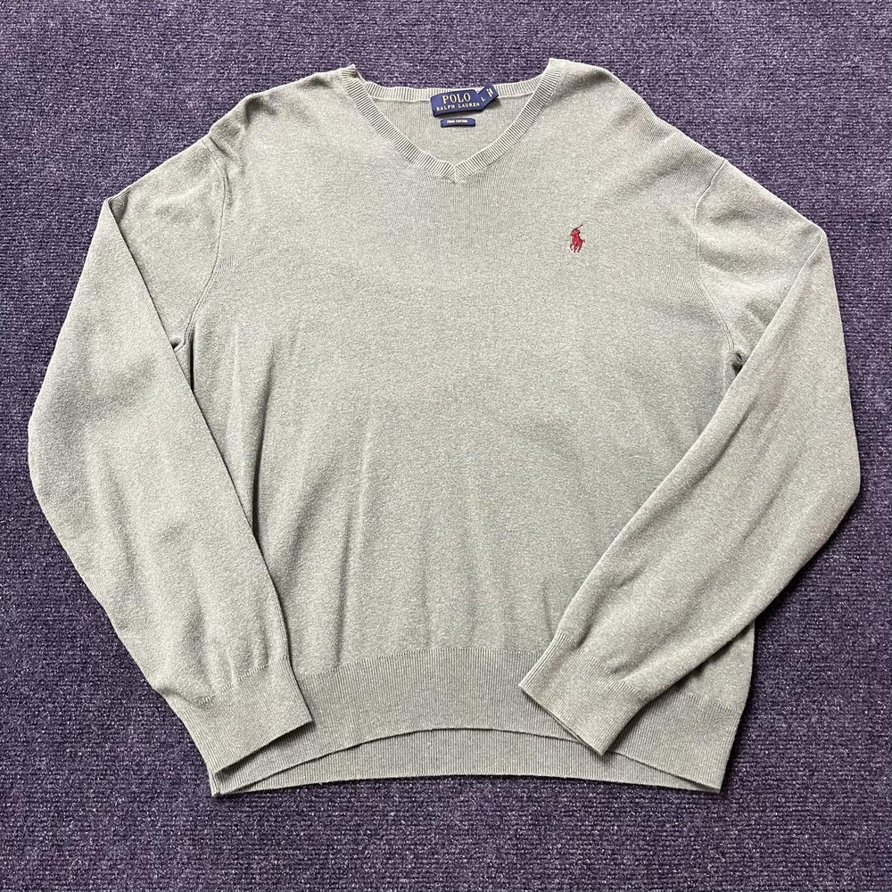 Polo‎ Ralph Lauren Sweater Mens Large Green Pima Cotton V Neck Knit Pullover